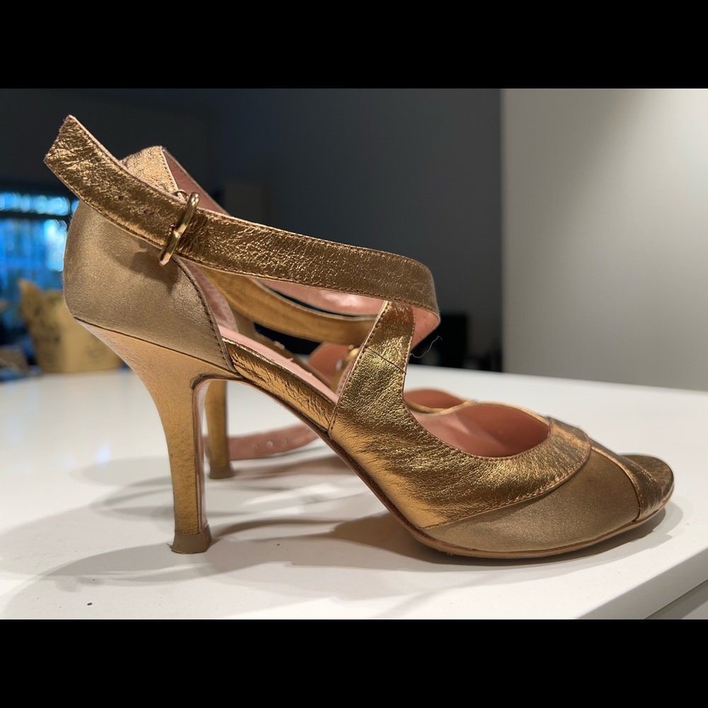 Gwyneth gold leather/satin open toe shoes